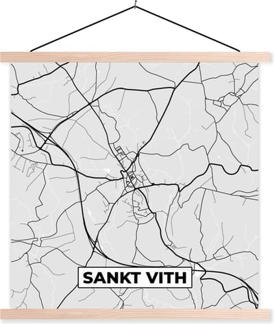 Posterhanger incl. Poster 40x40 cm - Schoolplaat - Kaart – Plattegrond – Stadskaart – Sankt Vith – België – Zwart Wit - Textielposter - Blanke latten - Stadskaart