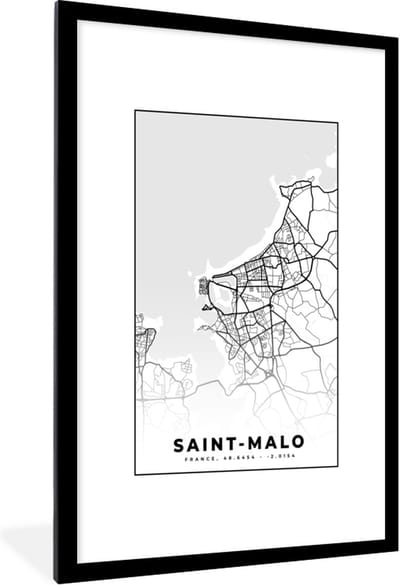 Fotolijst incl. Poster Zwart Wit- Saint-Malo - Kaart – Plattegrond – Frankrijk – Stadskaart - Zwart wit - 80x120 cm - Posterlijst