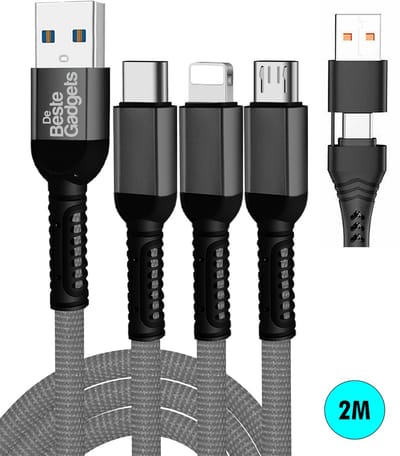 De Beste Gadgets Oplaadkabel 3 in 1 Grijs - Lightning/USB-C/MicroUSB 2.0m - Geschikt voor iPhone, iPad en Android apparaten - Extra USB-C naar USB-A Adapter op connector