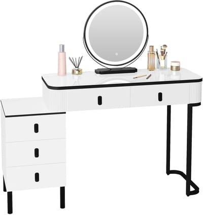 UFTA Kaptafel - Make-Up - Met Spiegel - Instelbare Led Verlichting - USB - 5 Laden - Modern Design - Mobiele Spiegelheid