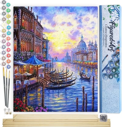 Figured'Art Schilderen op Nummer Volwassenen canvas Het Canal Grande van Venetië - Handwerk acrylverf Kit DIY Compleet - 40x50cm met DIY houten lijst