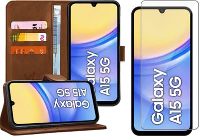 Hoesje geschikt voor Samsung Galaxy A15 - Screenprotector Glas - Portemonnee Book Case Bruin