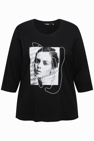 Ulla Popken - Dames - Shirt met print ronde hals 3/4-mouwen - Zwart - Maat 42+