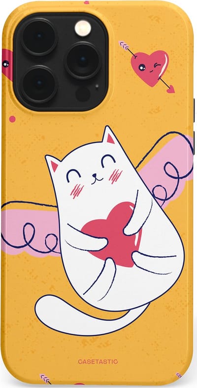 Casetastic Hoesje Geschikt voor Apple iPhone 14 Pro Max Magsafe - Stijlvolle Beschermende Duo-layer Case - Kattenflirt Geel Rode Hartjes Liefde