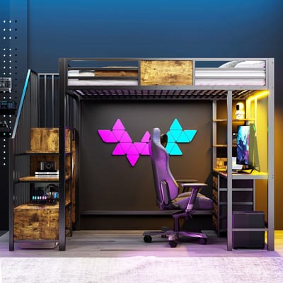 90x200cm hoogslaper - met bureau - opbergvakken - kledingstang - LED-verlichting en stopcontact - stapelbed - zwart - zonder matras