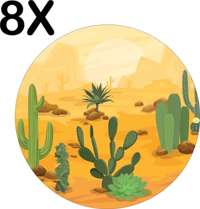 Luxe Ronde Placemat - Cactussen in de Woestijn - Getekend - Set van 8 Placemats - 50x50 cm - 2 mm dik Vinyl - Anti Slip - Afneembaar