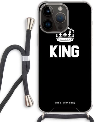 Case Company® - Hoesje met koord geschikt voor iPhone 14 Pro Max hoesje met Koord - King zwart - Telefoonhoesje met Zwart Koord - Bescherming aan alle Kanten en Over de Schermrand