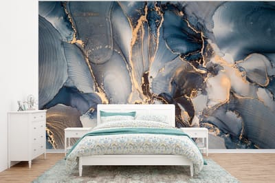 Behang - Fotobehang Marmer - Grijs - Blauw - Luxe - Goud - Breedte 295 cm x hoogte 220 cm