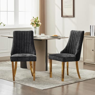Pugsdrly Eetkamerstoelen van rayon met chenille-flockbekleding Channel-keukenstoel Comfortabele extra stoel van gewatteerde stof voor de eetkamer met poten van verguld roestvrij staal, set van 2 (zwart), DE1647BK