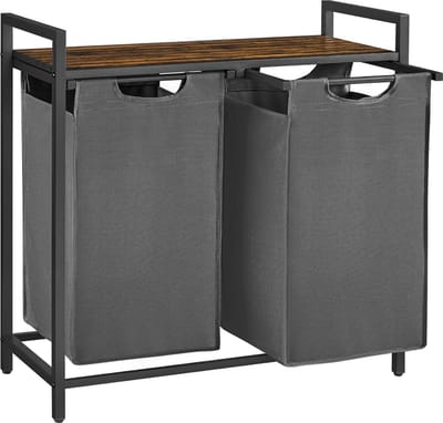 FurnStar - Wasmand - Wasmand met 2 compartimenten - Uittrekbare en verwijderbare waszakken - Wassorteerder - Plank - Metalen frame - 2 x 46L - 73 x 33 x 72 cm - Rustiek bruin en grijs