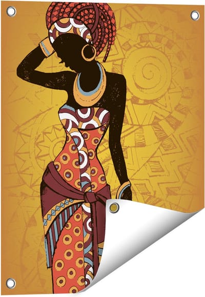 Gards Tuinposter Getekende Afrikaanse Vrouw - Abstract - 40x50 cm - Tuindoek - Tuindecoratie - Wanddecoratie buiten - Tuinschilderij