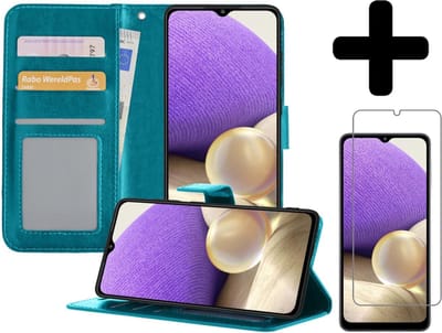 Hoesje - Met Screenprotector - Geschikt voor Samsung Galaxy A32 5G - Luxe Pasjeshouder - Bookcase Portemonee - Flip Case - Kunstleer Book Case - Flipcase - Book Cover - Walletcase - Portemonneehoes - Telefoonhoesjes - Turquoise
