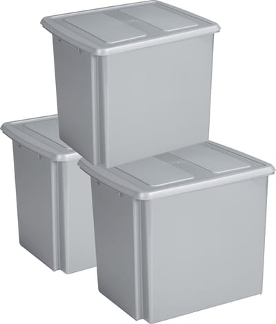 Sunware - Set van 3x opslagboxen - kunststof - 45 liter - lichtgrijs - 45 x 36 x 36 cm - met deksel