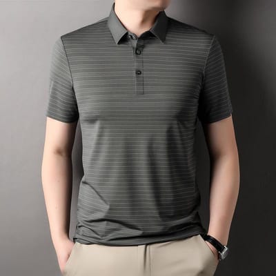 Heren Zijde Korte Mouw T-shirt Middelbare Leeftijd Zomer IJszijde Kraag Los Gestreept Polo T-shirt 190/4XL gray