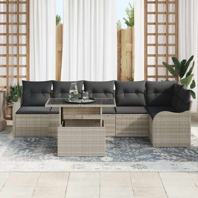 vidaXL Tuinbank Set met kussen met kussen 7 pcs Lichtgrijs Poly Riet