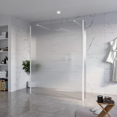 FugaFlow Eccelente Vetro Vrijstaande inloopdouche badkamer - 160x200cm - Helder geribbeld - antikalk - 8mm veiligheidsglas - 2 zijwanden 30cm - met wandarmen en hoekprofielen - Wit mat -