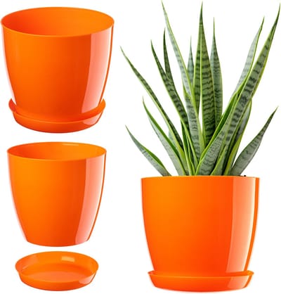 Kadax bloempot, plantenpot met onderschotel, ronde bloempot voor binnenshuis, elegante sierpot van kunststof, bloempot voor bloemen en planten, lichtgewicht plantenpot (Ø 12 cm, oranje)