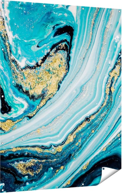 Gards Tuinposter Abstracte Luxe Kunst in het Blauw met Goud - 120x160 cm - Tuindoek - Tuindecoratie - Wanddecoratie buiten - Tuinschilderij