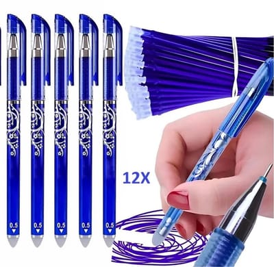 Uitwisbare Pennen Set – 12x Uitwisbare Gelpennen + 20 Navullingen – Blauwe Inkt – 0,5 mm – Ideaal voor School, Agenda & Notities