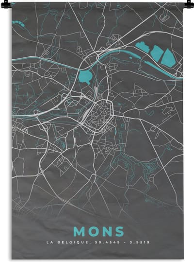 Wandkleed - Wanddoek - Stadskaart – Grijs - Kaart – Mons – België – Plattegrond - 120x180 cm - Wandtapijt