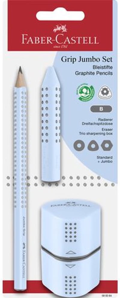 Potloodset Faber Castell Jumbo Grip 2001 sky blue met 1 potlood B - gum - trio slijper