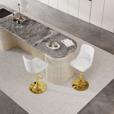 Wishdor Barkrukken Set Van 2 - In Hoogte Verstelbaar En 360 Graden Draaibaar - Modern Gewatteerd Ontwerp - Voor Keukeneiland - Metaal En Kunstleer - Wit En Goudkleurig - Zithoogte 63-85 Cm