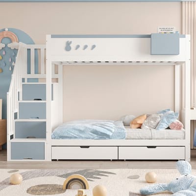 VVBV Stapelbed 90x200 cm met Lades, Planken - Lattenbodem, Opbergtrap, Voor Kinderen/Tieners, Opbergruimte - Wit/Blauw