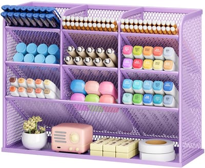 Bureau-organizer, 9 vakken, pennenhouder, net pennen, rek van metaal, pennenhouder, bureau voor school, thuis en kantoor (paars)