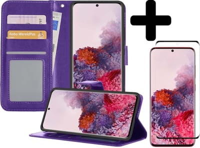 Hoesje - Met Screenprotector - Geschikt voor Samsung Galaxy S20 Ultra - Luxe Pasjeshouder - Bookcase Portemonee - Flip Case - Kunstleer Book Case - Flipcase - Book Cover - Walletcase - Portemonneehoes - Telefoonhoesjes - Paars