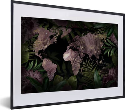 Poster in lijst - Fotolijst 60x40 cm - Posters - Wereldkaart - Luxe - Planten - Posterlijst zwart - Decoratie - Wanddecoratie woonkamer - Muurdecoratie slaapkamer