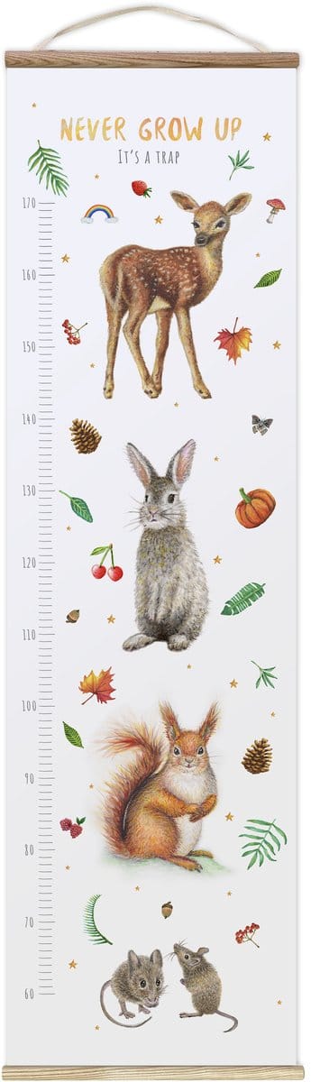 World of Mies - Groeimeter Never grow up - bosdieren geel - textielposter - kinderkamer