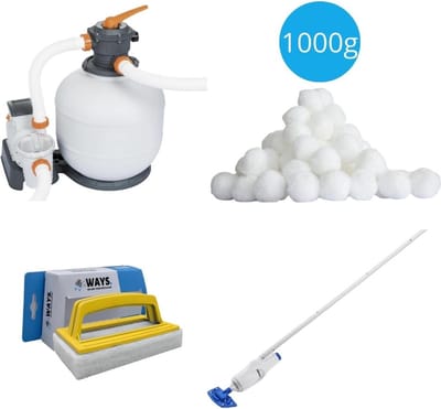 WAYS - Zwembad Onderhoud - Filterpomp 5678 L/u & 6 Filters Type III & WAYS Scrubborstel
