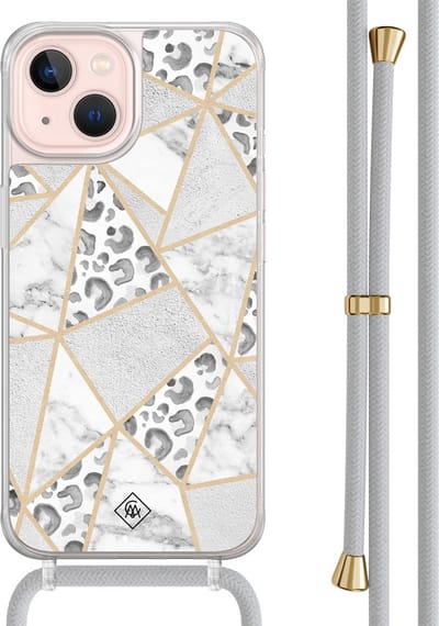 Casimoda® hoesje met grijs koord - Geschikt voor iPhone 13 - Stone & Leopard - Afneembaar koord - TPU/acryl - Grijs