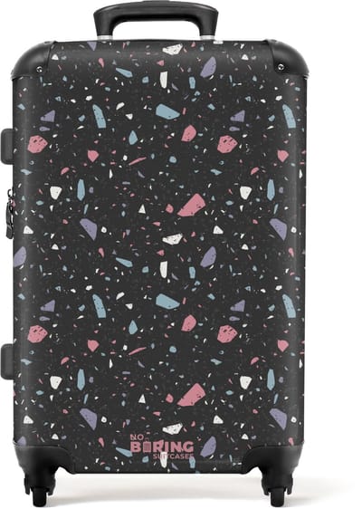 NoBoringSuitcases.com - Grote koffer - Terrazzo patroon zwart met pastel - Kinderkoffer geschikt voor jongen en meisjes - Reiskoffer met 4 wielen - Trolley op wieltjes - Rolkoffer groot kinderen - 72 liter - Ruimbagage valies 20kg