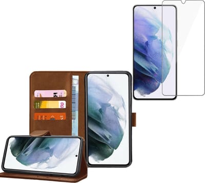 Hoesje geschikt voor Samsung Galaxy S21 - Screenprotector Glas - Book Case Portemonnee Hoesje Bruin