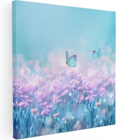 Artaza Canvas Schilderij Bloemenveld - 30x30 cm - Klein - Wanddecoratie Vlinders - Muurdecoratie Woonkamer - Kamer Accessoires