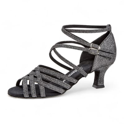 Diamant 108 - 036 - 519 - Latin dansschoenen voor smalle voeten - Zwart/Zilver Brokaat - 5 cm hak - Fexibele suede zool - Dubbele gespjes met druksluiting - Latin, Tango, Salsa, Kizomba, Bachata - Diamant - Zwart - Zilver - 38.5