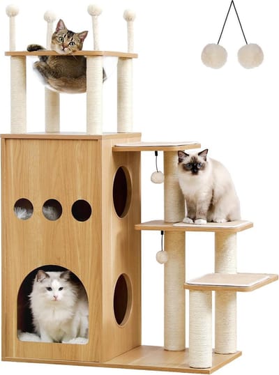 Kattenu Kasteel krabpaal hout voor katten XXL - 130 cm hoog - Krabpaal hout design - Met kattenhuis