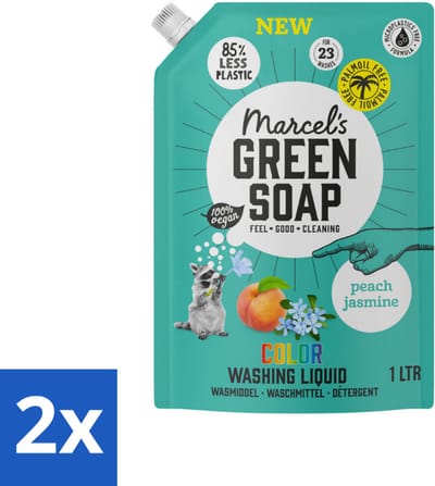 2 x Marcel's Green Soap - Vloeibaar Wasmiddel - Kleur - Navulling - Perzik & Jasmijn - Effectief & natuurlijk - 23 Wasbeurten - 1 liter - Wasmiddel - Kleurwasmiddel - Wasmiddel Navul - Ecologisch Wasmiddel - Biologisch Wasmiddel