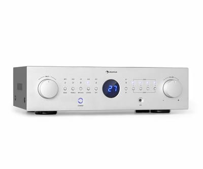 Auna Versterker, HiFi stereo mini-versterker, HiFi-versterker met bas- & treble-regelaar, 4-kanaals audioversterker, Stereo-versterker met afstandsbediening & AUX-ingang, AV-receiver