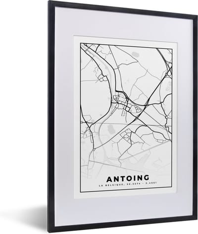 Fotolijst incl. Poster Zwart Wit- Kaart – Plattegrond – Stadskaart – Antoing – België – Zwart Wit - 30x40 cm - Posterlijst