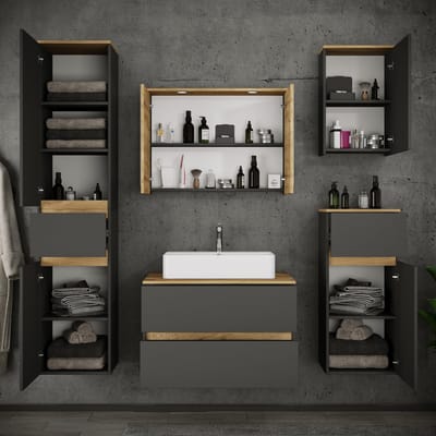VCM 6-tlg. Waschtisch Set mit Keramikbecken, Badschrank mit 2 Softclose-Schubladen, Hochschrank, Midischrank, Hängeschrank, Spiegelschrank mit Beleuchtung und Steckdose, Maße Unterschrank H. 51 x B. 80 x T. 51 cm, Cosila-A