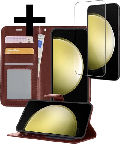 Hoesje - Met Screenprotector - Geschikt voor Samsung Galaxy S23 FE - Luxe Pasjeshouder - Bookcase Portemonee - Flip Case - Kunstleer Book Case - Flipcase - Book Cover - Walletcase - Portemonneehoes - Telefoonhoesjes - Bruin