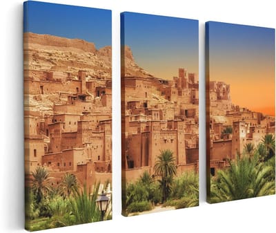 Artaza Canvas Schilderij Drieluik Kasbah Ait Ben Haddou Stad in Marokko - 120x80 cm - Wanddecoratie Woonkamer - Schilderijen - Muurdecoratie
