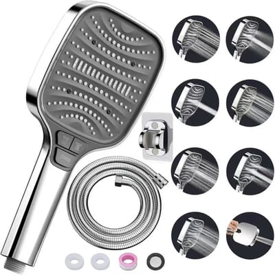 Douchekop - Handdouche - 8 Standen - 8 Stralen & Stopknop - Drukverhogend & Waterbesparend - Incl. 1.5m Slang & Beugel - Duurzaam ABS & Roestvrij - Voor Badkamer, Huurwoning & Hotel