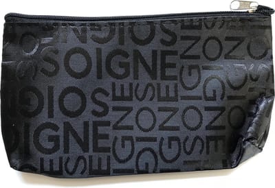 Klein Make-up tasje / toilettasje / organizer / etui - zwart - mat met glanzende woorden SOIGNE - met rits - waterafstotend - afmeting 18,5 x 10,5 x 2 centimeter