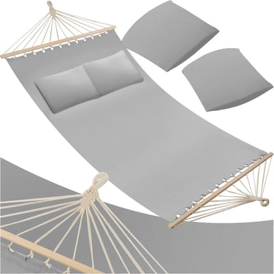 tectake® Dubbele hangmat voor 2 personen - Inclusief 2 kussens en spreidstokken - Ligvlak ca. 230x145 cm - Draagvermogen tot 240 kg - Diverse kleuren - Grijs