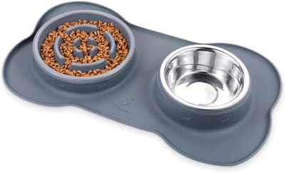 Hondenset Voerbakken - Dubbele Voerbak - Honden Voeden - Antislip Mat - 500ml Per Bak - Grijs