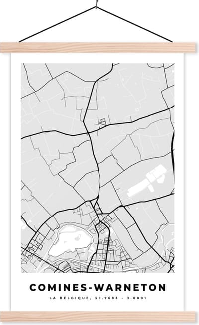 Posterhanger incl. Poster 40x60 cm - Schoolplaat - Zwart Wit – België – Plattegrond – Stadskaart – Kaart – Comines Warneton - Textielposter - Blanke latten - Stadskaart