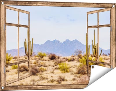 Gards Tuinposter Doorkijk Cactussen in de Woestijn - 90x60 cm - Tuindoek - Tuindecoratie - Wanddecoratie buiten - Tuinschilderij